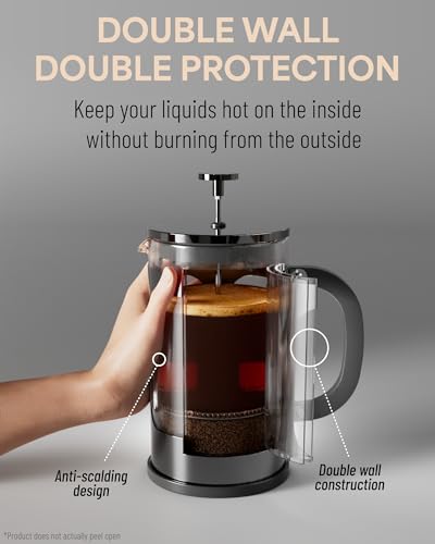 Veken French Press Plunger Coffee Maker Cafetière, Double Wall Heat Resistant Borosilicate Glass Coffee Press,Cold Brew Coffee Pot for Kitchen and Gifts, Dishwasher Safe, Dark Pewter (27 Ounce/800 ml)
