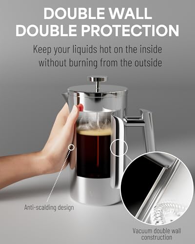 Veken French Press Plunger Coffee Tea Maker 34 Ounce 1 Liter, Double Wall Vacuum Insulated Stainless Steel Coffee Press with 4 Filter Screens for Camping Travel Gifts, Dishwasher Safe, Silver