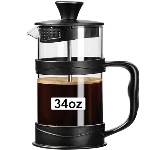 PARACITY French Press Coffee Maker 34oz, Coffee Press with 3 Filters Screen, Camping French Press of Heat Resistant Borosilicate Glass, Portable Coffee Maker for Travel& Home Gift(Black)