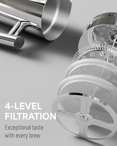 Veken French Press Plunger Coffee Tea Maker 34 Ounce 1 Liter, Double Wall Vacuum Insulated Stainless Steel Coffee Press with 4 Filter Screens for Camping Travel Gifts, Dishwasher Safe, Silver