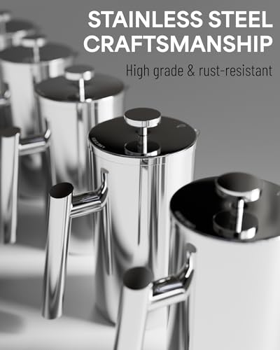 Veken French Press Plunger Coffee Tea Maker 34 Ounce 1 Liter, Double Wall Vacuum Insulated Stainless Steel Coffee Press with 4 Filter Screens for Camping Travel Gifts, Dishwasher Safe, Silver