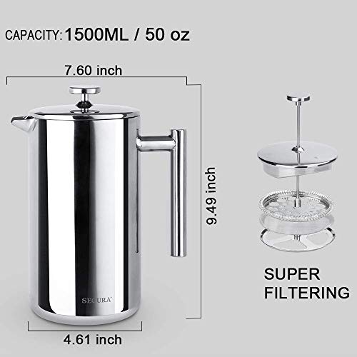 Secura French Press Coffee Maker, 304 Grade Stainless Steel Insulated Coffee Press with 2 Extra Screens, 50oz (1.5 Litre), Silver