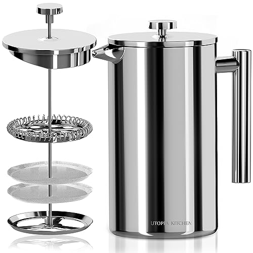 Utopia Kitchen French Press Coffee Maker 50Oz, Double Wall Insulated Stainless Steel with 4-Level Filtration system, Includes 2 Extra Filters, Rust-Free, Silver