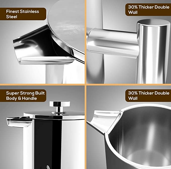 Utopia Kitchen French Press Coffee Maker 50Oz, Double Wall Insulated Stainless Steel with 4-Level Filtration system, Includes 2 Extra Filters, Rust-Free, Silver