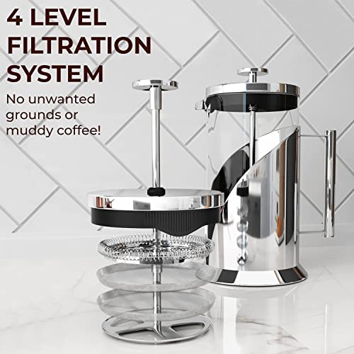 Cafe Du Chateau Stainless Steel French Press Coffee Maker - 34oz Versatile Coffee Press Coffee Maker with 4-Level Filtration, BPA Free, French Press Stainless Steel