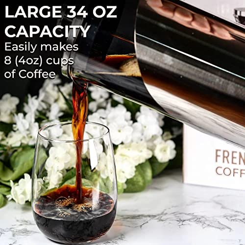 Cafe Du Chateau Stainless Steel French Press Coffee Maker - 34oz Versatile Coffee Press Coffee Maker with 4-Level Filtration, BPA Free, French Press Stainless Steel