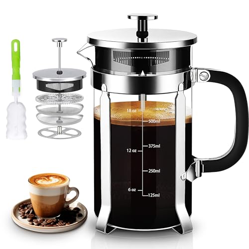 YMMIND French Press Coffee Maker 304 Stainless Steel Coffee Press,with 4 Filters System, Heat Resistant Thickness Borosilicate French Press Glass, BPA-Free Brewed Tea Pot Coffee Plunger