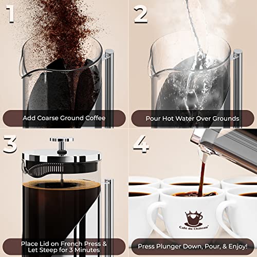 Cafe Du Chateau Stainless Steel French Press Coffee Maker - 34oz Versatile Coffee Press Coffee Maker with 4-Level Filtration, BPA Free, French Press Stainless Steel