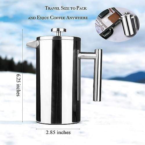 Highwin Small Stainless Steel French Press, 12-Ounce Dual-Filter Coffee Plunger Pot Brewer and Maker for Individual Serving, Silver