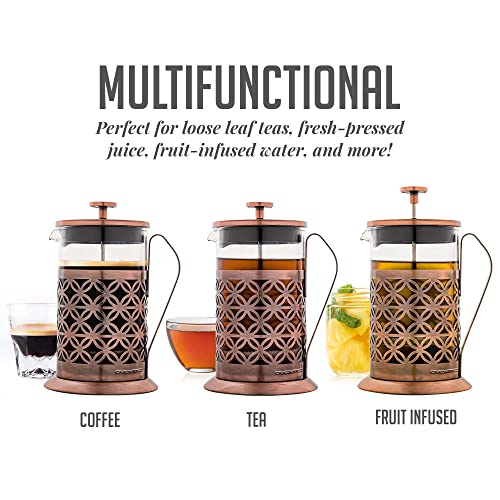 OVENTE 27 Ounce French Press Coffee & Tea Maker, 4 Filter Stainless Steel Filter Plunger System & Durable Borosilicate Heat Resistant Glass with Free Scoop, Perfect for Hot & Cold Brew, Copper FSF27C