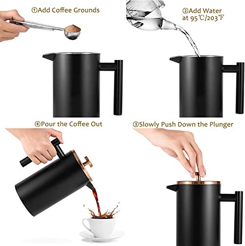 Miuly Black Coffee Press, Stainless Steel French Press Coffee Maker, Double Wall Insulated French Press 350ml/12oz with 2 Filter Mesh Small Coffee Pot(12oz, Black)