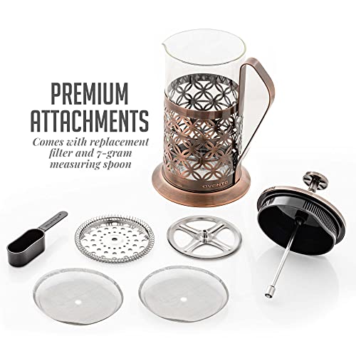 OVENTE 27 Ounce French Press Coffee & Tea Maker, 4 Filter Stainless Steel Filter Plunger System & Durable Borosilicate Heat Resistant Glass with Free Scoop, Perfect for Hot & Cold Brew, Copper FSF27C