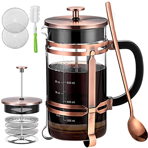 French Press Coffee Maker (34 oz) with 4 Filters - 304 Durable Stainless Steel,Heat Resistant Borosilicate Glass Coffee Press,BPA Free,Brown(include 1 cleaning brush,1spoon and 2 spare filter screen