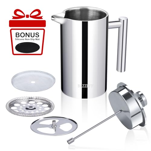BAZZEFF French Press Coffee Maker 12oz with Double-Insulated Stainless Steel Small Capacity Metal Coffee Press with 3 Layer Filtration System for Ultimate Coffee Tea Brewing in Travel Camping or Home