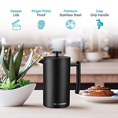 French Press Coffee Maker 34 Oz – Insulated Coffee Press Stainless Steel 304 – Double Wall & 4 Level Filtration System (1 Liter) – Black
