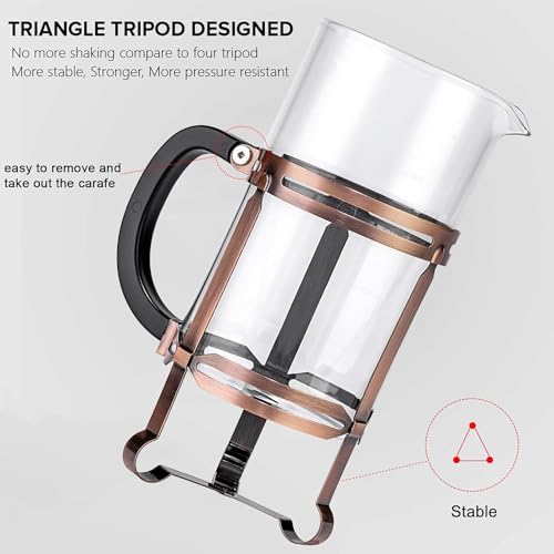 French Press Coffee Maker (34 oz) with 4 Filters - 304 Durable Stainless Steel,Heat Resistant Borosilicate Glass Coffee Press,BPA Free,Brown（include 1 cleaning brush,1spoon and 2 spare filter screen