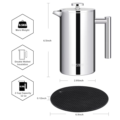 BAZZEFF French Press Coffee Maker 12oz with Double-Insulated Stainless Steel Small Capacity Metal Coffee Press with 3 Layer Filtration System for Ultimate Coffee Tea Brewing in Travel Camping or Home