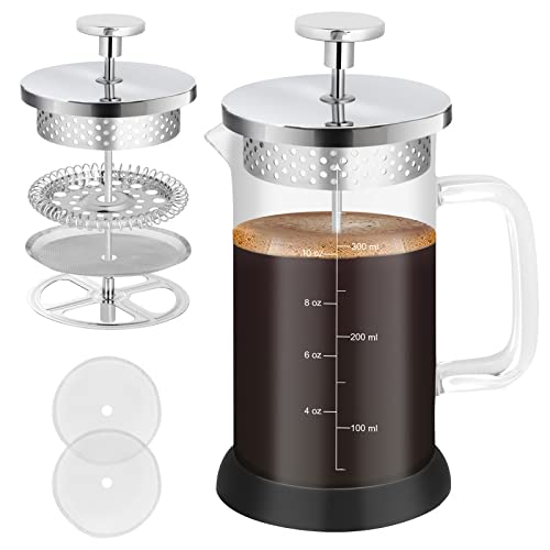 Nukeekee Mini French Press Coffee Maker-304 Stainless Steel Grilles, Borosilicate Glass Small Coffee Press,Non-slip Silicone Base-12 oz /350 ml with 2 Filter Screen-2 Cup Teapot
