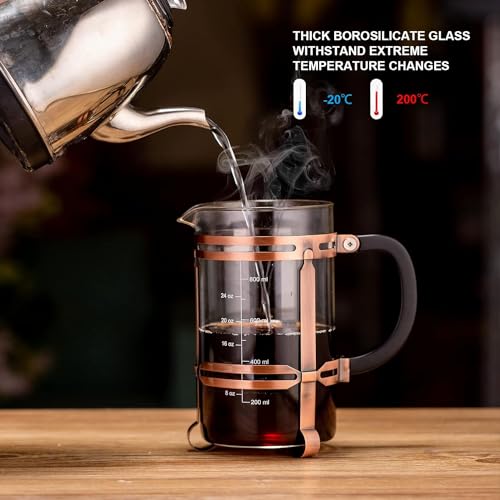 French Press Coffee Maker (34 oz) with 4 Filters - 304 Durable Stainless Steel,Heat Resistant Borosilicate Glass Coffee Press,BPA Free,Brown（include 1 cleaning brush,1spoon and 2 spare filter screen