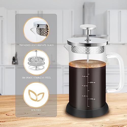 Nukeekee Mini French Press Coffee Maker-304 Stainless Steel Grilles, Borosilicate Glass Small Coffee Press,Non-slip Silicone Base-12 oz /350 ml with 2 Filter Screen-2 Cup Teapot