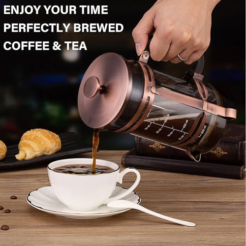 French Press Coffee Maker (34 oz) with 4 Filters - 304 Durable Stainless Steel,Heat Resistant Borosilicate Glass Coffee Press,BPA Free,Brown（include 1 cleaning brush,1spoon and 2 spare filter screen