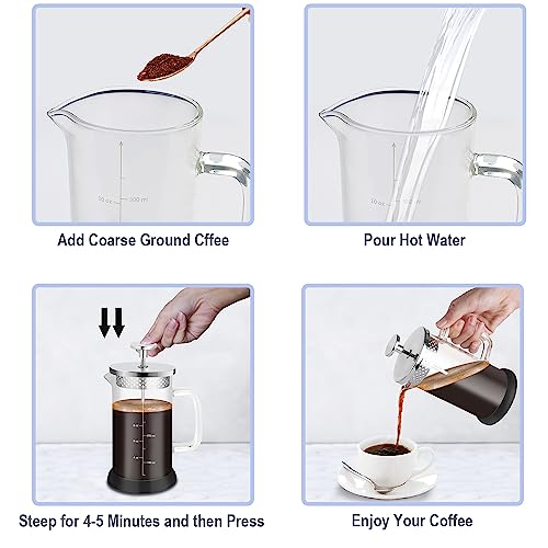 Nukeekee Mini French Press Coffee Maker-304 Stainless Steel Grilles, Borosilicate Glass Small Coffee Press,Non-slip Silicone Base-12 oz /350 ml with 2 Filter Screen-2 Cup Teapot