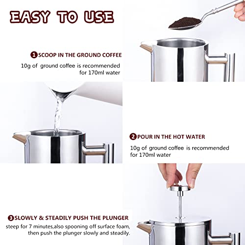 BAZZEFF French Press Coffee Maker 12oz with Double-Insulated Stainless Steel Small Capacity Metal Coffee Press with 3 Layer Filtration System for Ultimate Coffee Tea Brewing in Travel Camping or Home