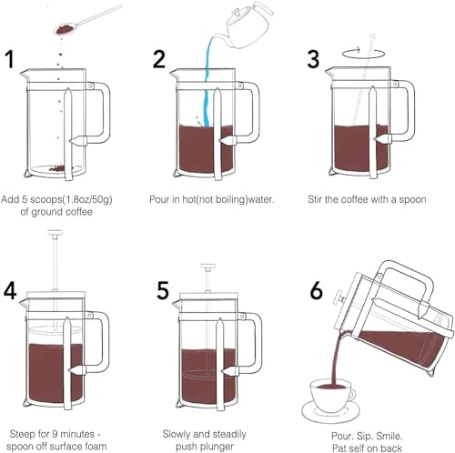 French Press Coffee Maker (34 oz) with 4 Filters - 304 Durable Stainless Steel,Heat Resistant Borosilicate Glass Coffee Press,BPA Free,Brown（include 1 cleaning brush,1spoon and 2 spare filter screen