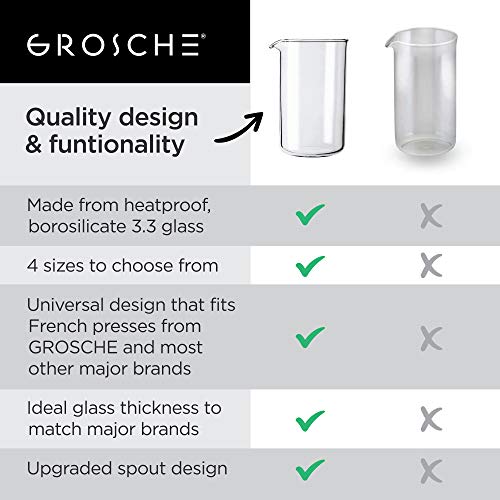 GROSCHE Borosilicate 3.3 Glass Universal Replacement Beaker for French Press Coffee and Tea Makers - Enhanced Coffee and Tea Brewing Experience (34.oz - Medium)