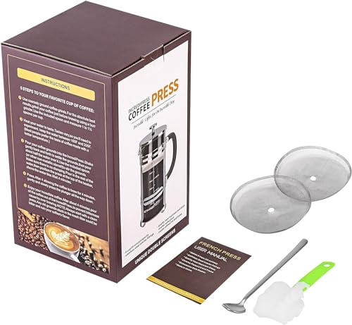 French Press Coffee Maker (34 oz) with 4 Filters - 304 Durable Stainless Steel,Heat Resistant Borosilicate Glass Coffee Press,BPA Free,Brown（include 1 cleaning brush,1spoon and 2 spare filter screen