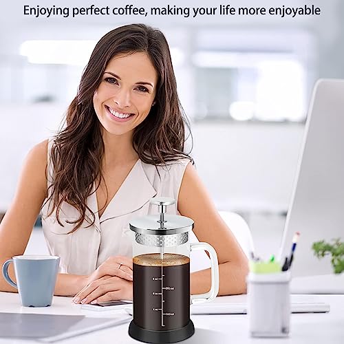 Nukeekee Mini French Press Coffee Maker-304 Stainless Steel Grilles, Borosilicate Glass Small Coffee Press,Non-slip Silicone Base-12 oz /350 ml with 2 Filter Screen-2 Cup Teapot