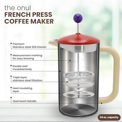 the onul French Press Coffee Maker 34 oz.- Stainless Steel Double Wall Insulated Coffee Press - 3 Level Filtration System with an Exrtra Filter - Cold Brew Coffee and Tea