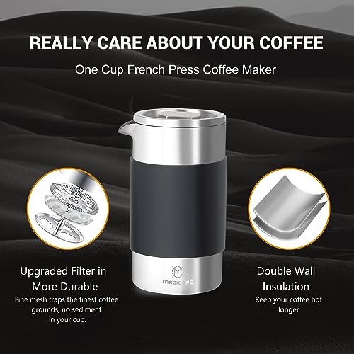 MAGICAFÉ French Press Coffee Maker Set, Portable French Press with Mini Coffee Canister and Collection Bag, Single Serve 1 Cup Small Stainless Steel Double Walled Coffee Press 350ml/12oz