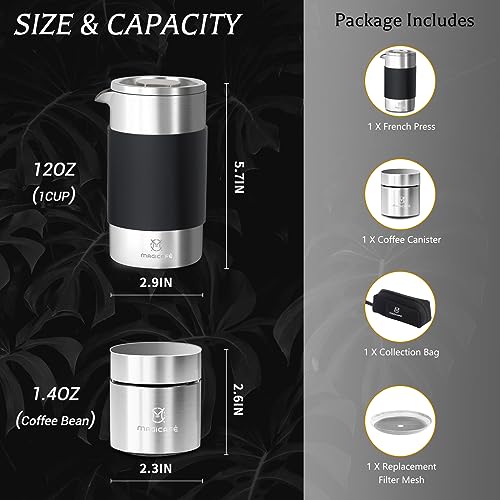 MAGICAFÉ French Press Coffee Maker Set, Portable French Press with Mini Coffee Canister and Collection Bag, Single Serve 1 Cup Small Stainless Steel Double Walled Coffee Press 350ml/12oz