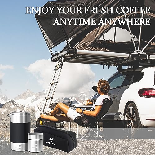 MAGICAFÉ French Press Coffee Maker Set, Portable French Press with Mini Coffee Canister and Collection Bag, Single Serve 1 Cup Small Stainless Steel Double Walled Coffee Press 350ml/12oz