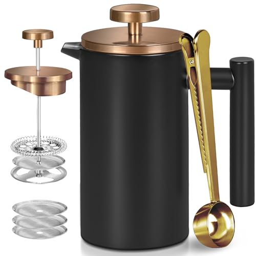 WORBIC French Press, 12oz Double-Wall Insulated French Press Coffee Maker, French Press Stainless Steel with 3 Level Filtration System and 3 Extra Filter Screens, for Home, Office Black