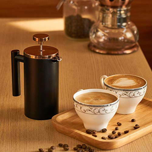 Meelio Small French Press Coffee Maker, Double-Wall Insulated French Press Coffee Press Stainless Steel, Included 2 Extra Fliters and 1 Coffee Spoon (22oz, Black)