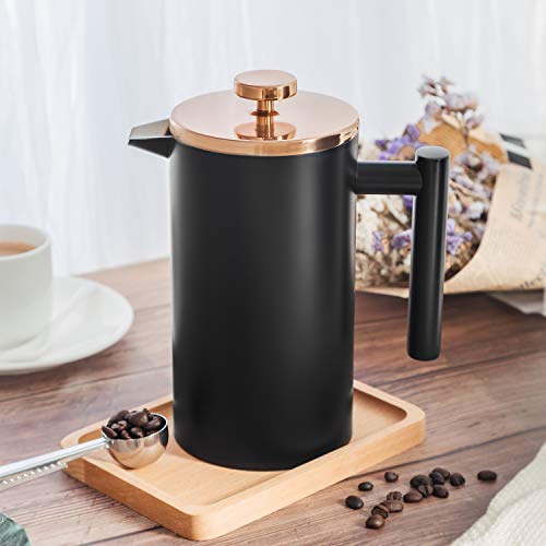 Meelio Small French Press Coffee Maker, Double-Wall Insulated French Press Coffee Press Stainless Steel, Included 2 Extra Fliters and 1 Coffee Spoon (22oz, Black)