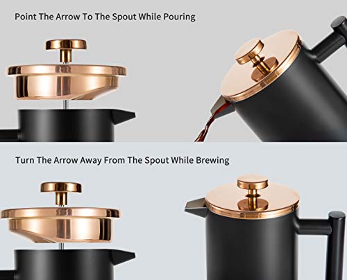 Meelio Small French Press Coffee Maker, Double-Wall Insulated French Press Coffee Press Stainless Steel, Included 2 Extra Fliters and 1 Coffee Spoon (22oz, Black)