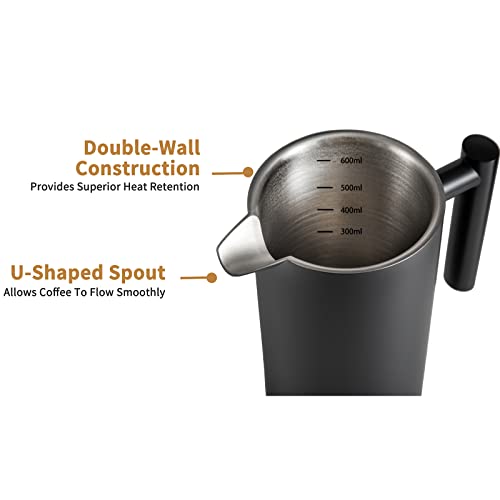 Meelio Small French Press Coffee Maker, Double-Wall Insulated French Press Coffee Press Stainless Steel, Included 2 Extra Fliters and 1 Coffee Spoon (22oz, Black)