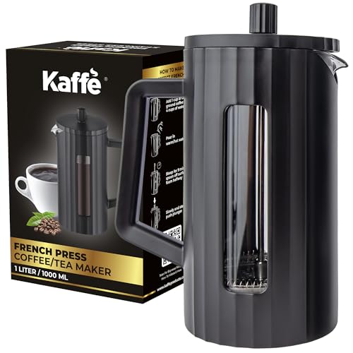 Kaffe Large French Press Coffee Maker (34oz / 1L) - Thick Borosilicate Glass and BPA-Free Plastic Coffee Press - Matte Black - Lightweight Travel & Camping Coffee Maker - 3 Level Filter French Press