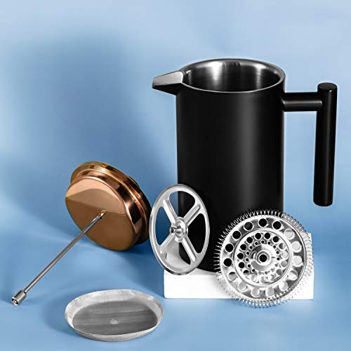 Meelio Small French Press Coffee Maker, Double-Wall Insulated French Press Coffee Press Stainless Steel, Included 2 Extra Fliters and 1 Coffee Spoon (22oz, Black)
