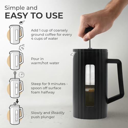 Kaffe Large French Press Coffee Maker (34oz / 1L) - Thick Borosilicate Glass and BPA-Free Plastic Coffee Press - Matte Black - Lightweight Travel & Camping Coffee Maker - 3 Level Filter French Press