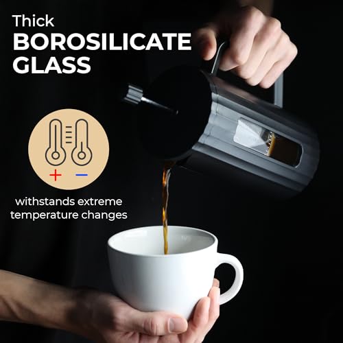 Kaffe Large French Press Coffee Maker (34oz / 1L) - Thick Borosilicate Glass and BPA-Free Plastic Coffee Press - Matte Black - Lightweight Travel & Camping Coffee Maker - 3 Level Filter French Press