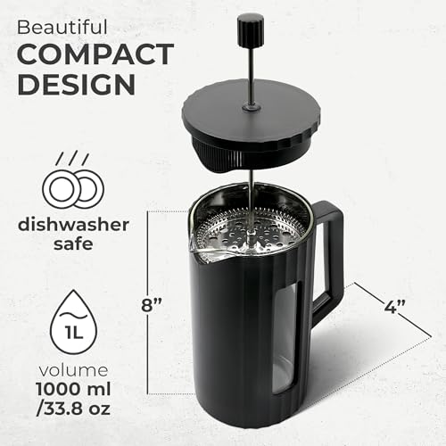 Kaffe Large French Press Coffee Maker (34oz / 1L) - Thick Borosilicate Glass and BPA-Free Plastic Coffee Press - Matte Black - Lightweight Travel & Camping Coffee Maker - 3 Level Filter French Press
