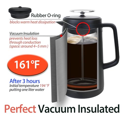 PortableAnd 34oz Double Vacuum Insulation Large Silicone French Press Coffee Maker with Silicone Ring, Stainless Steel, Perfect for Camping, Travel, and At-Home Use (Matte Black)
