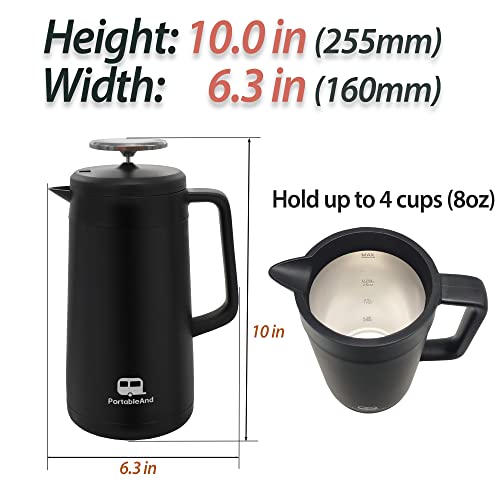 PortableAnd 34oz Double Vacuum Insulation Large Silicone French Press Coffee Maker with Silicone Ring, Stainless Steel, Perfect for Camping, Travel, and At-Home Use (Matte Black)