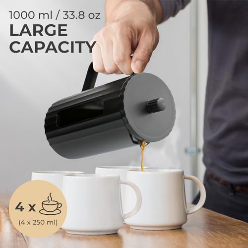 Kaffe Large French Press Coffee Maker (34oz / 1L) - Thick Borosilicate Glass and BPA-Free Plastic Coffee Press - Matte Black - Lightweight Travel & Camping Coffee Maker - 3 Level Filter French Press