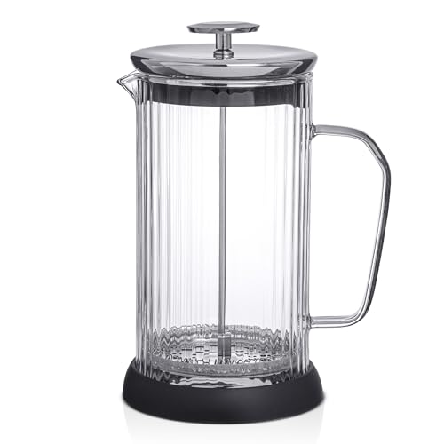 JoyJolt Fluted French Press Coffee and Tea Maker Set, 33.8oz Stainless Steel French Press, Borosilicate Glass Coffee Press, Cold Brew Portable French Press, Tea Press
