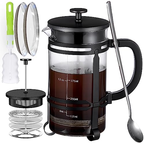 French Press Coffee Tea Maker(21oz),304 Stainless Steel Coffee Press with 4 Filters Screen-100% No Residue -German Heat-Resistant Borosilicate Glass- BPA FREE -Dishwasherable,Black